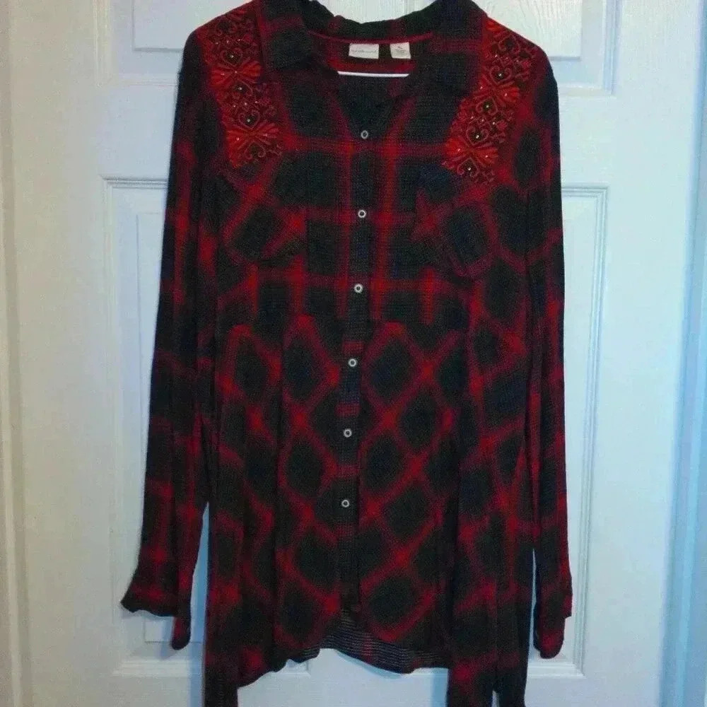 Westbound Red & Black Button Up Western Top / Size XL